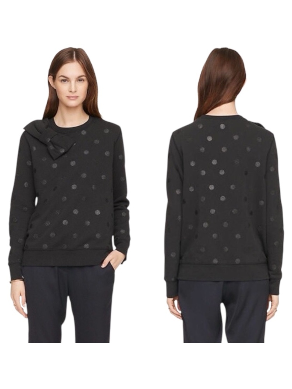 Kate Spade Black Glitter Polka Dot Bow Crewneck Sweatshirt Women's M Medium